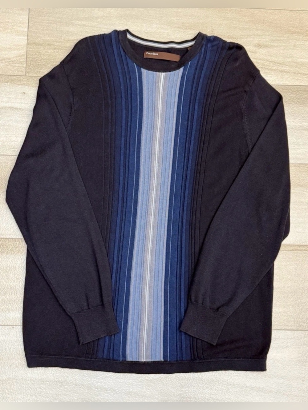 Perry Ellis Mens Long Sleeve Sweater Sz L Blue Striped Stretchy Lightweight Knit